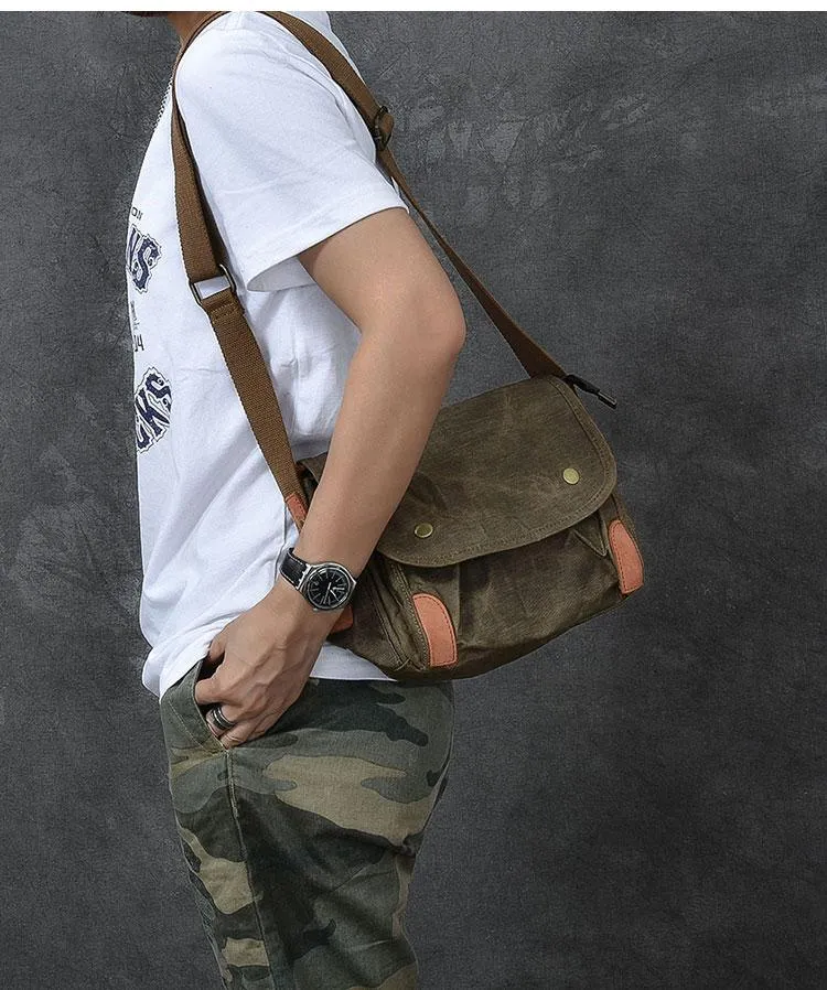 Canvas Leather Mens Womens Dark Gray Vintage Side Bag Khaki Messenger Bag Small Shoulder Bag For Men