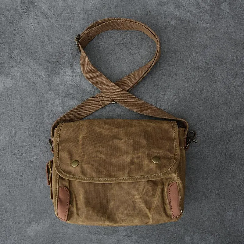 Canvas Leather Mens Womens Dark Gray Vintage Side Bag Khaki Messenger Bag Small Shoulder Bag For Men