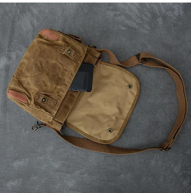 Canvas Leather Mens Womens Dark Gray Vintage Side Bag Khaki Messenger Bag Small Shoulder Bag For Men