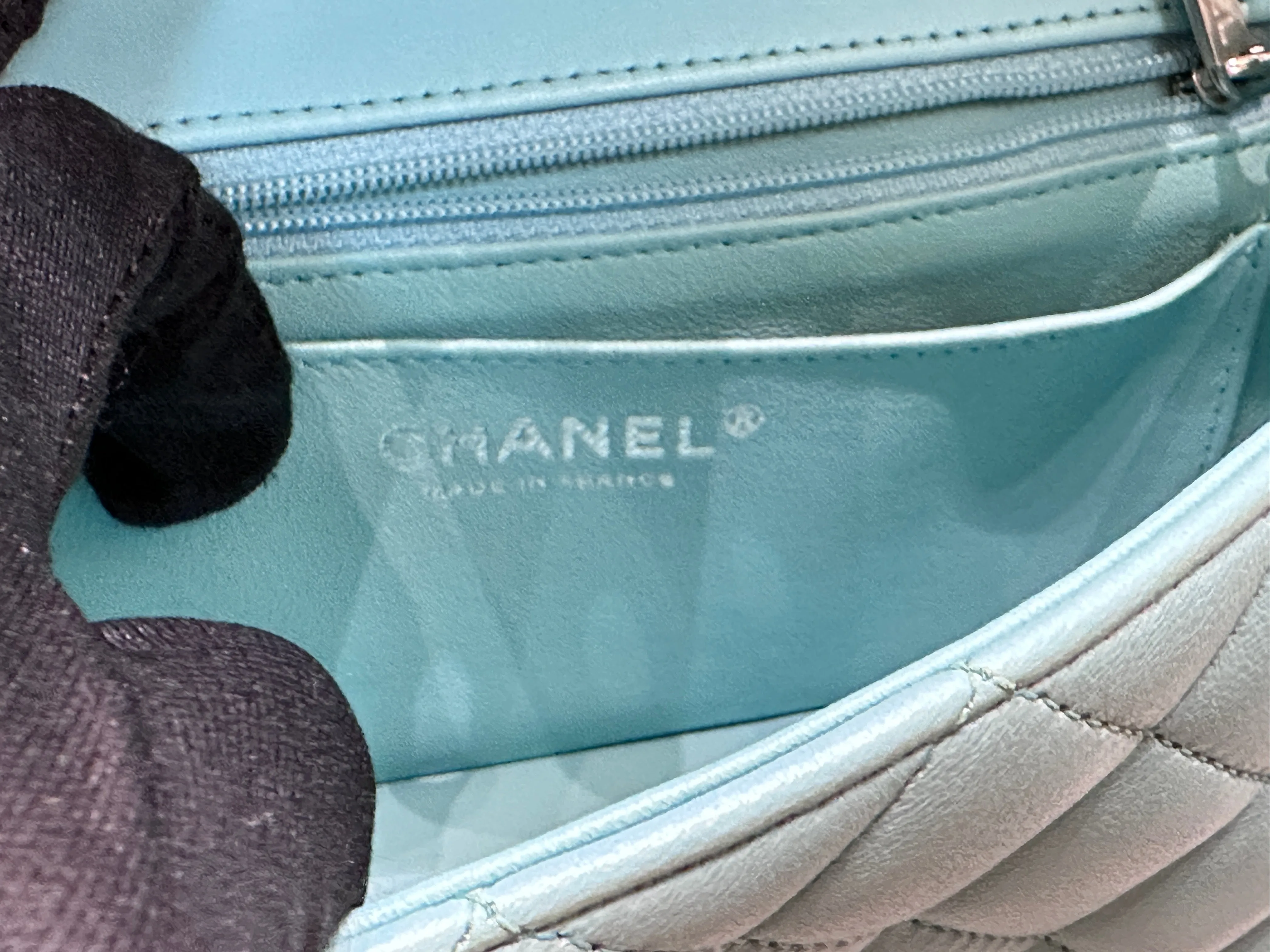 CHANEL 19C Tiffany Lambskin Quilted Mini Rectangular Flap Neon Blue