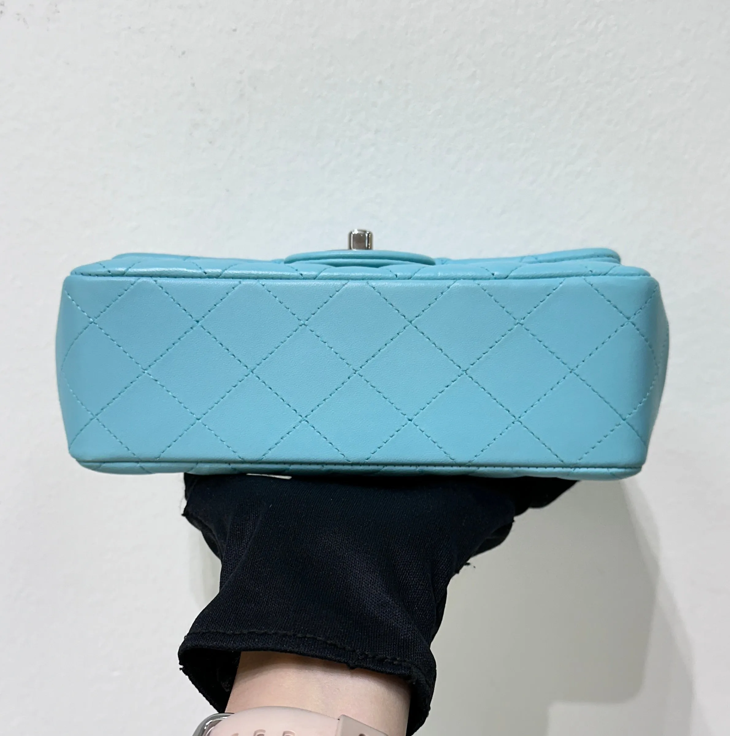 CHANEL 19C Tiffany Lambskin Quilted Mini Rectangular Flap Neon Blue