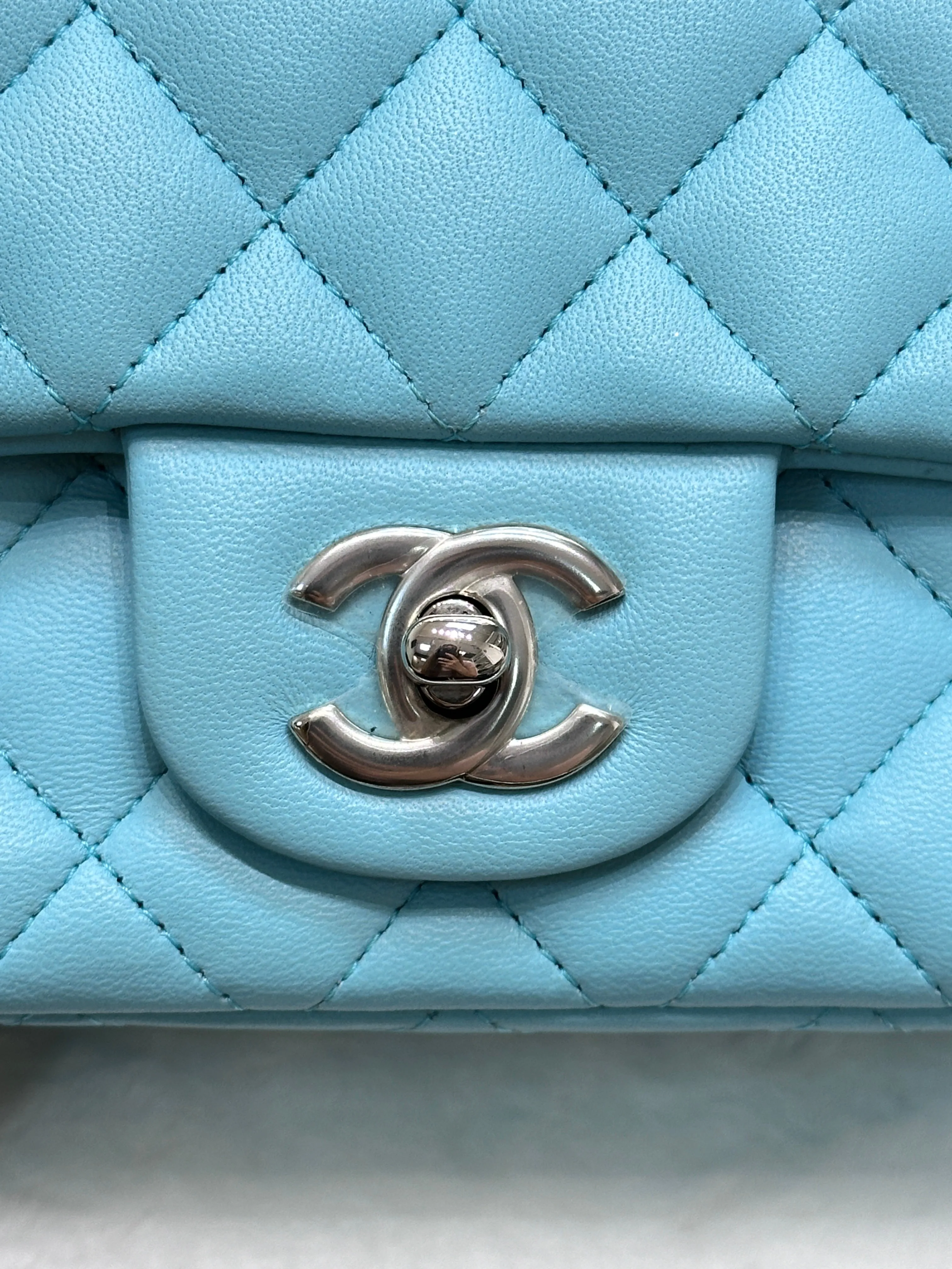 CHANEL 19C Tiffany Lambskin Quilted Mini Rectangular Flap Neon Blue