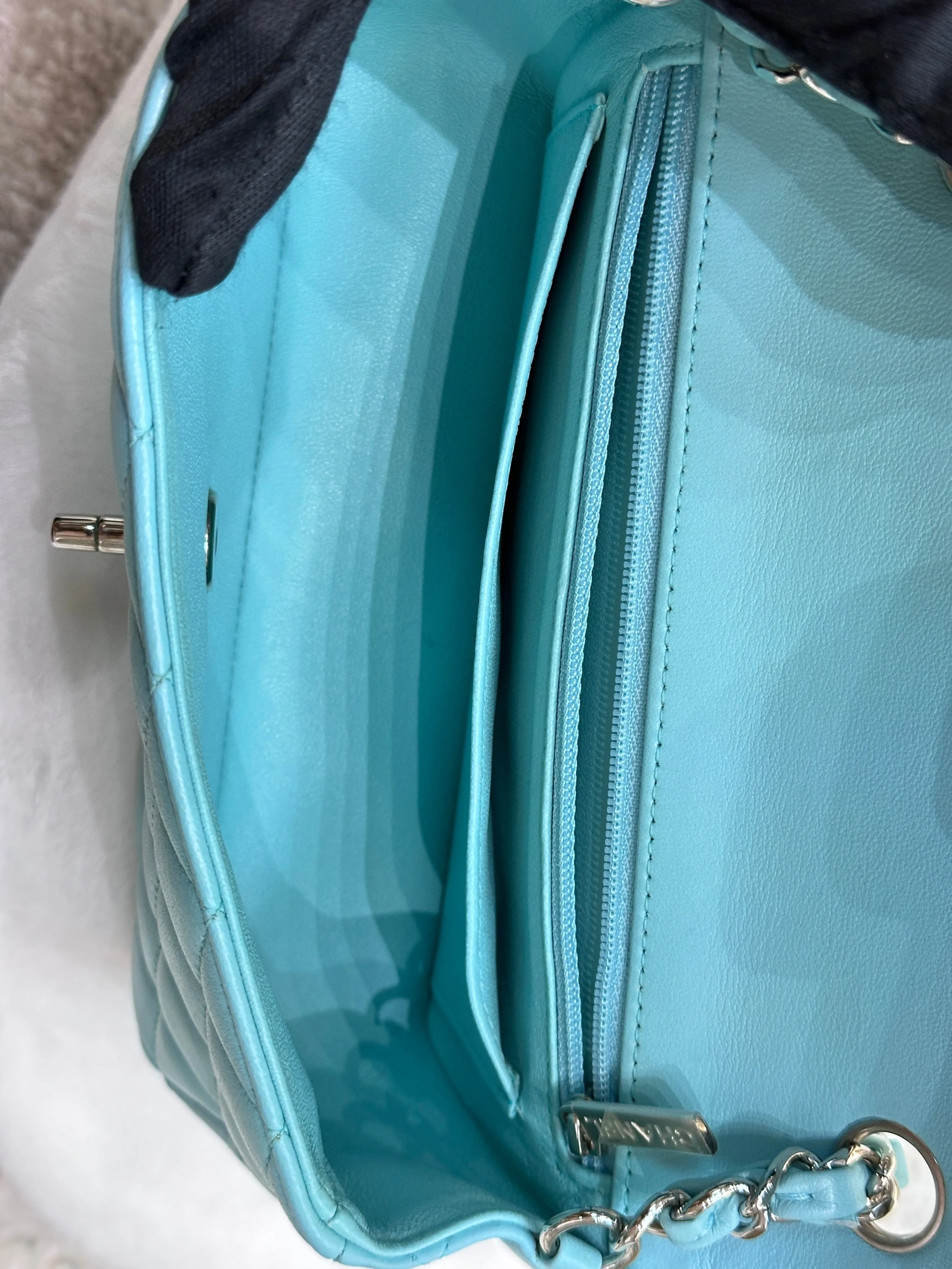 CHANEL 19C Tiffany Lambskin Quilted Mini Rectangular Flap Neon Blue