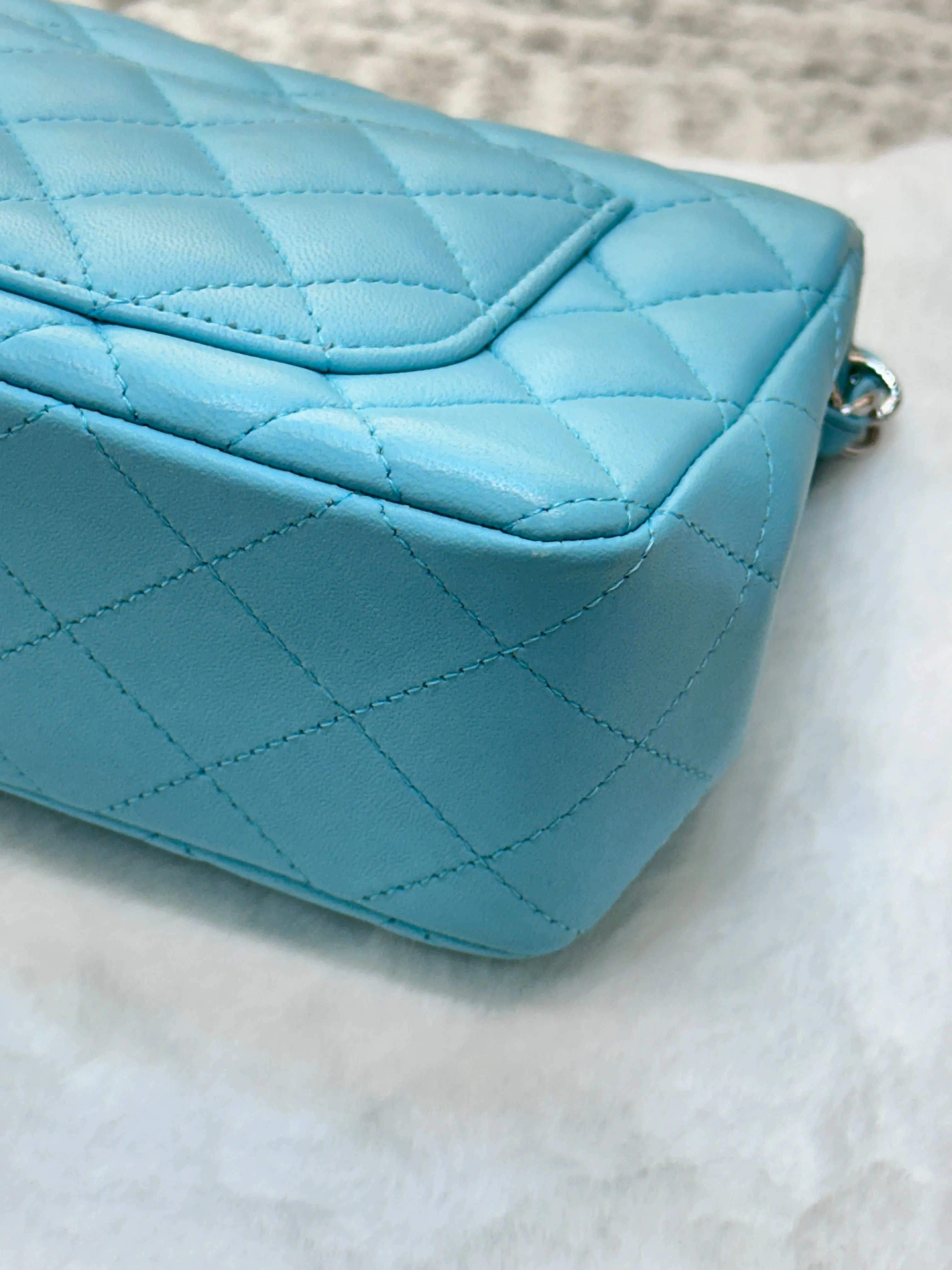 CHANEL 19C Tiffany Lambskin Quilted Mini Rectangular Flap Neon Blue