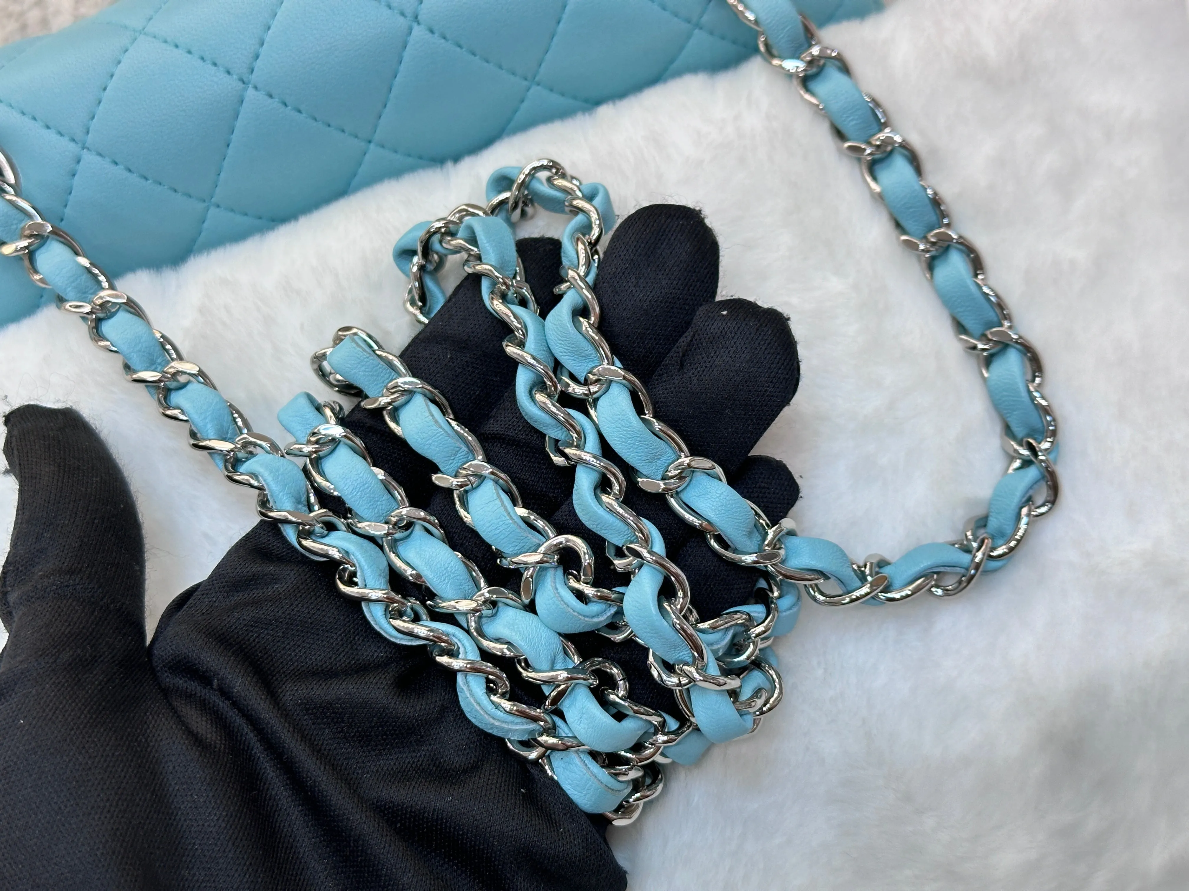 CHANEL 19C Tiffany Lambskin Quilted Mini Rectangular Flap Neon Blue