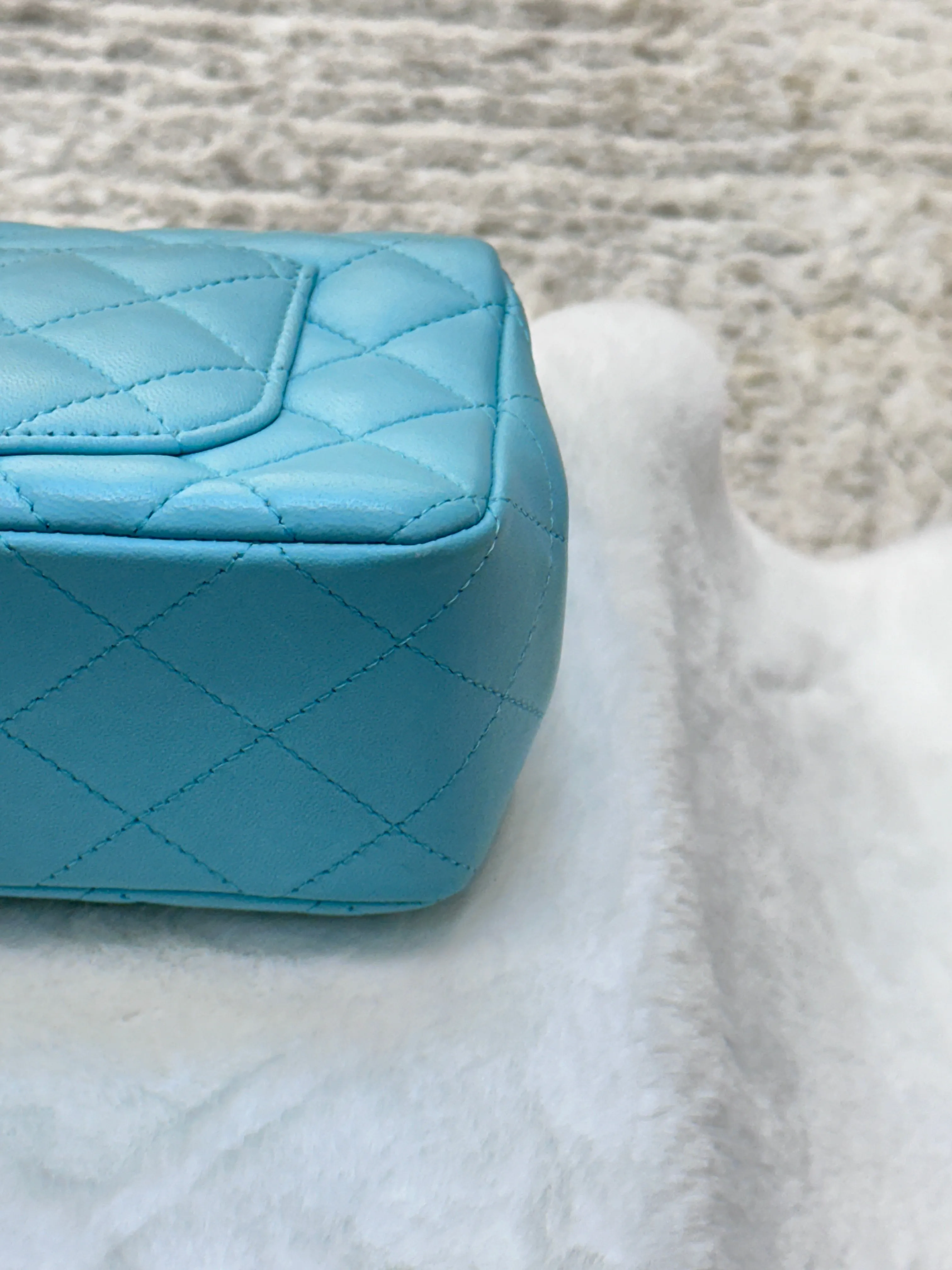 CHANEL 19C Tiffany Lambskin Quilted Mini Rectangular Flap Neon Blue
