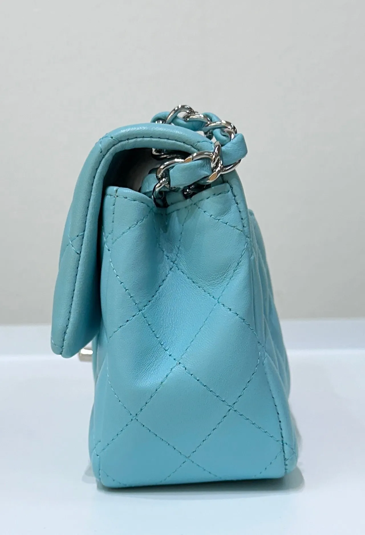 CHANEL 19C Tiffany Lambskin Quilted Mini Rectangular Flap Neon Blue
