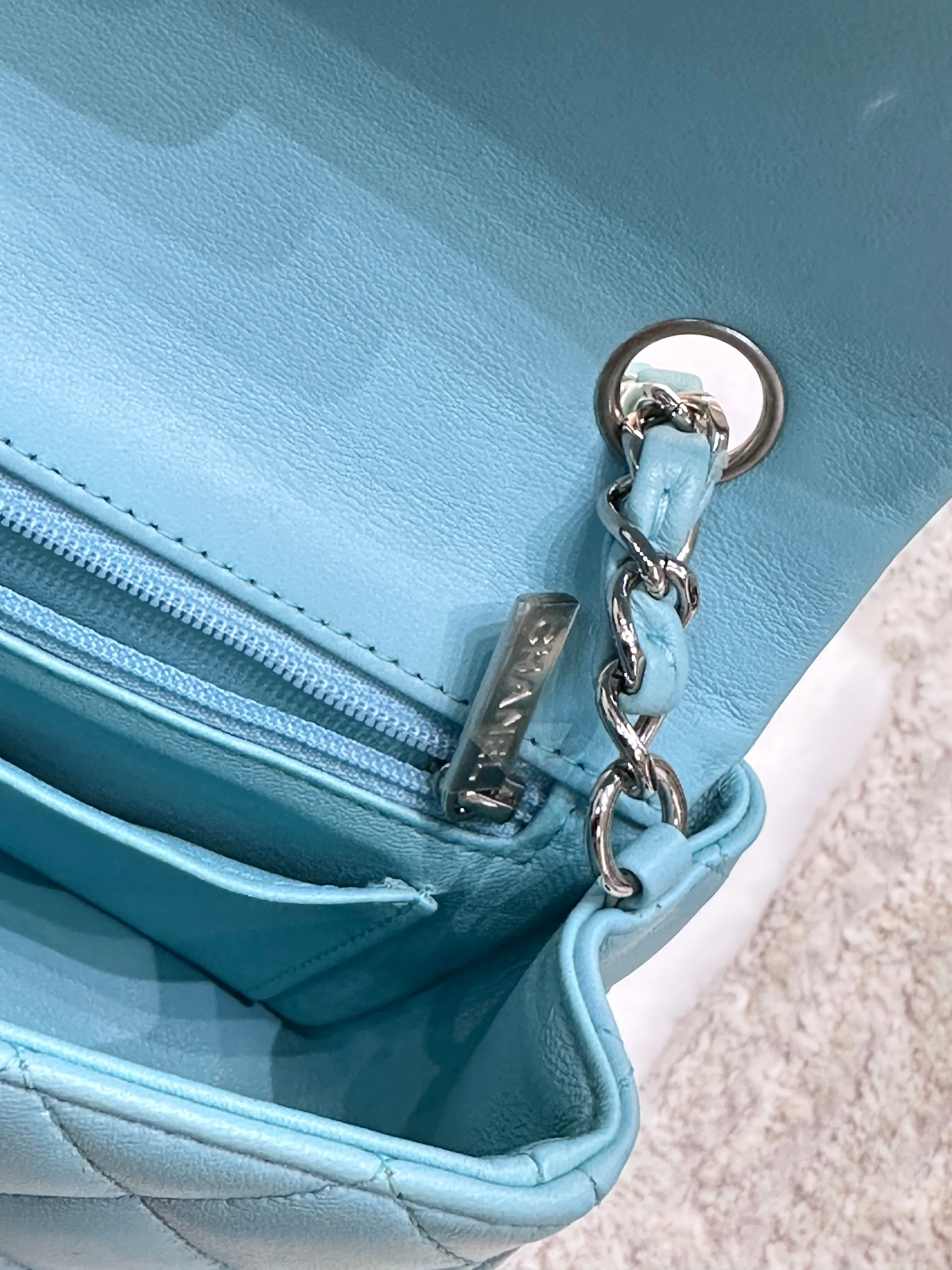 CHANEL 19C Tiffany Lambskin Quilted Mini Rectangular Flap Neon Blue