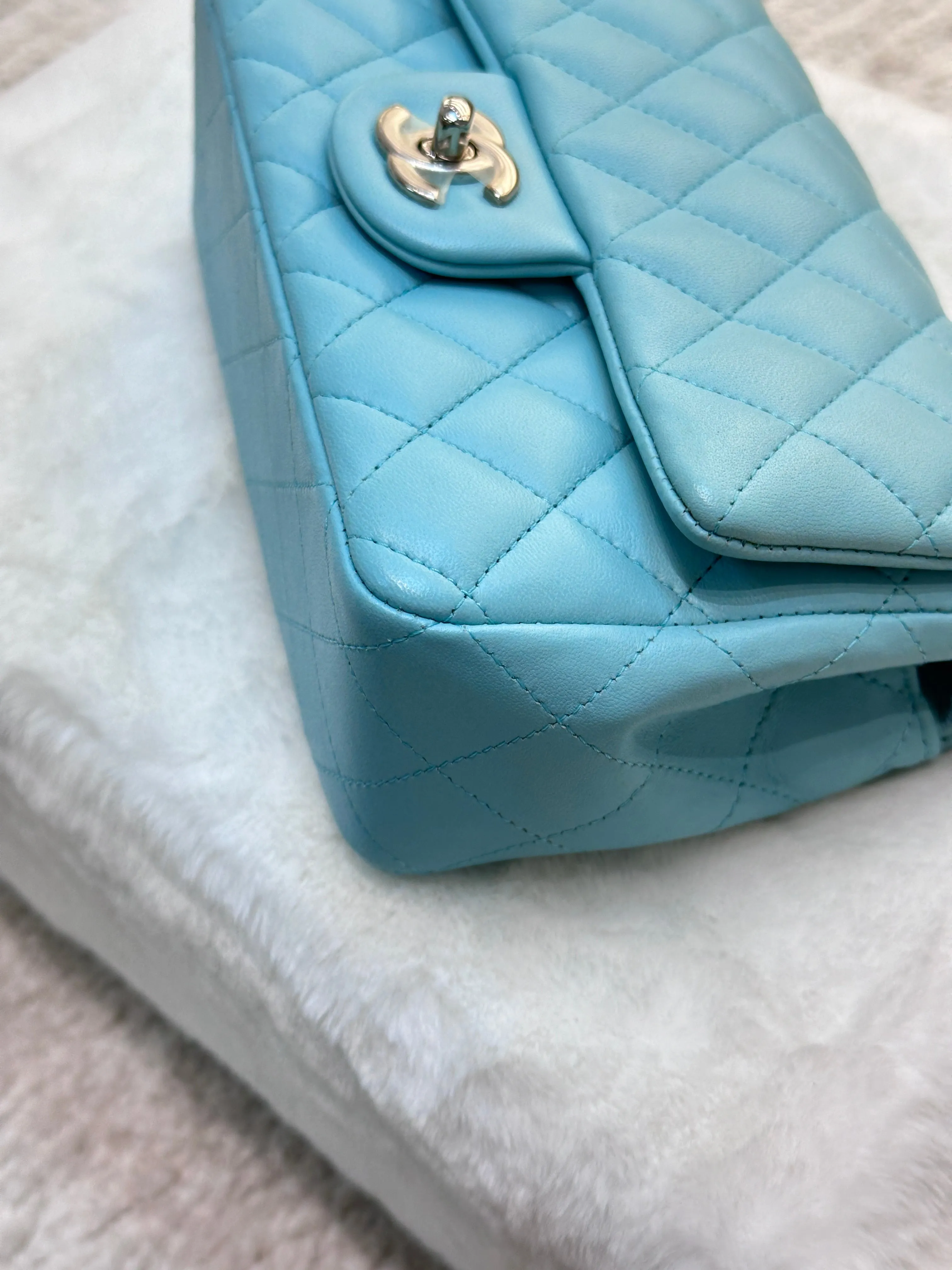 CHANEL 19C Tiffany Lambskin Quilted Mini Rectangular Flap Neon Blue