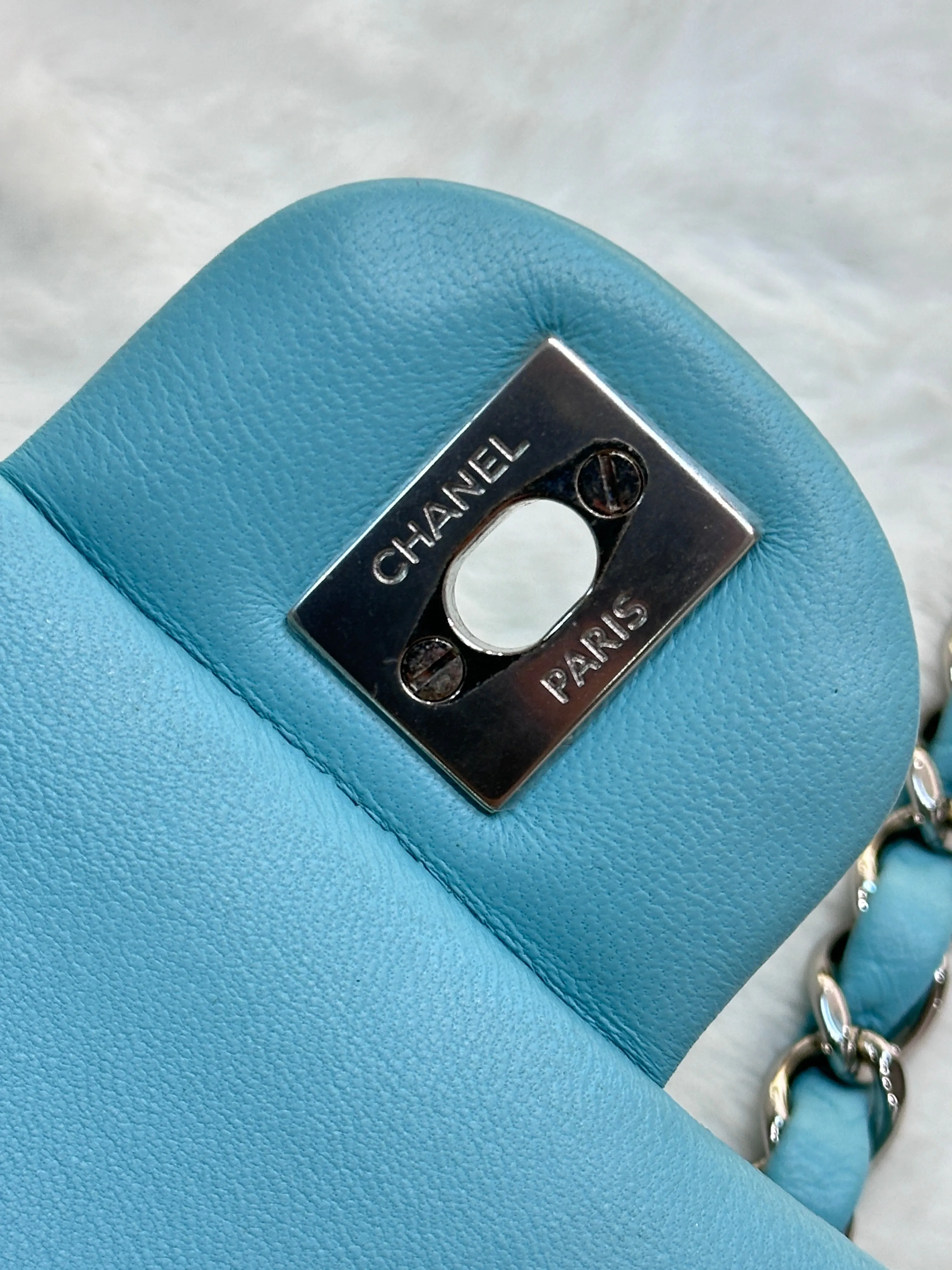 CHANEL 19C Tiffany Lambskin Quilted Mini Rectangular Flap Neon Blue
