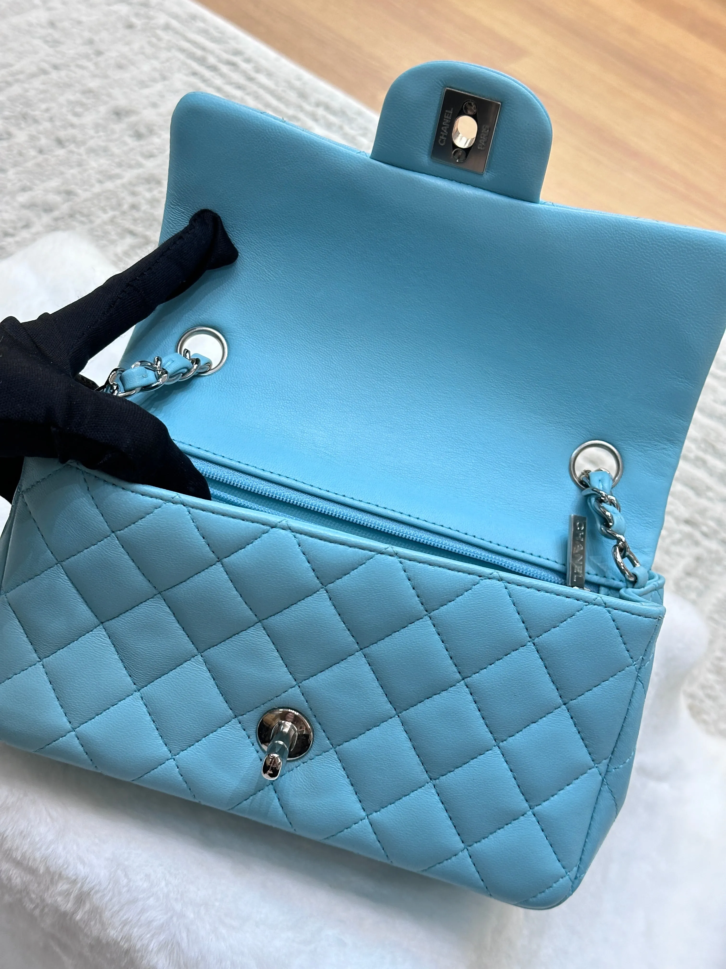 CHANEL 19C Tiffany Lambskin Quilted Mini Rectangular Flap Neon Blue