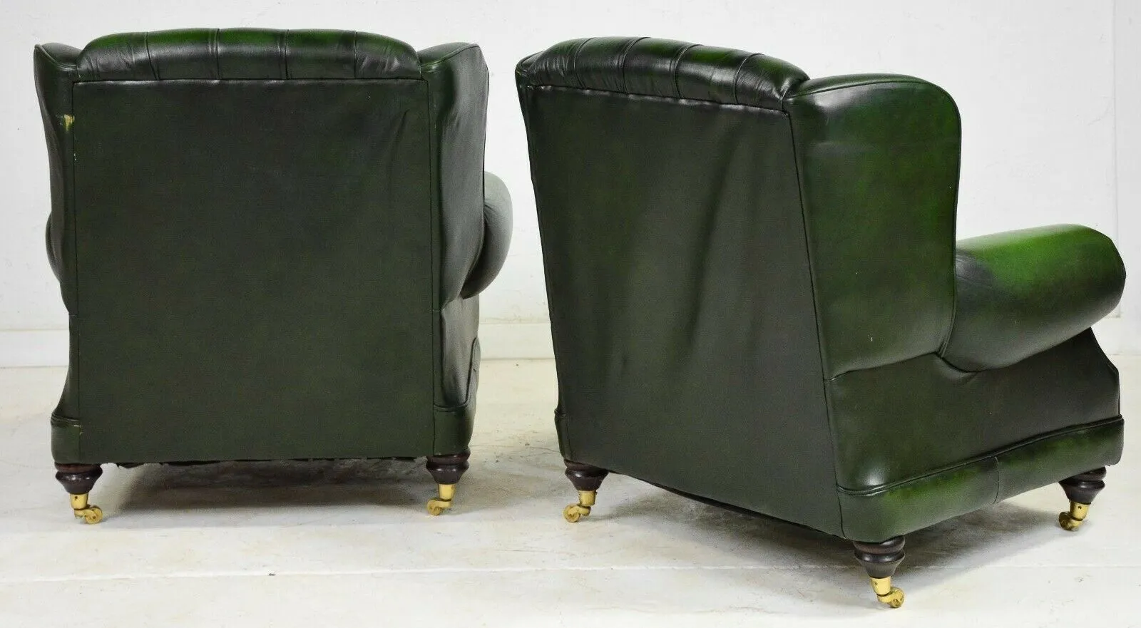 Chesterfield Sofa and Chairs Set, British Leather Green Curved Back, Vintage!