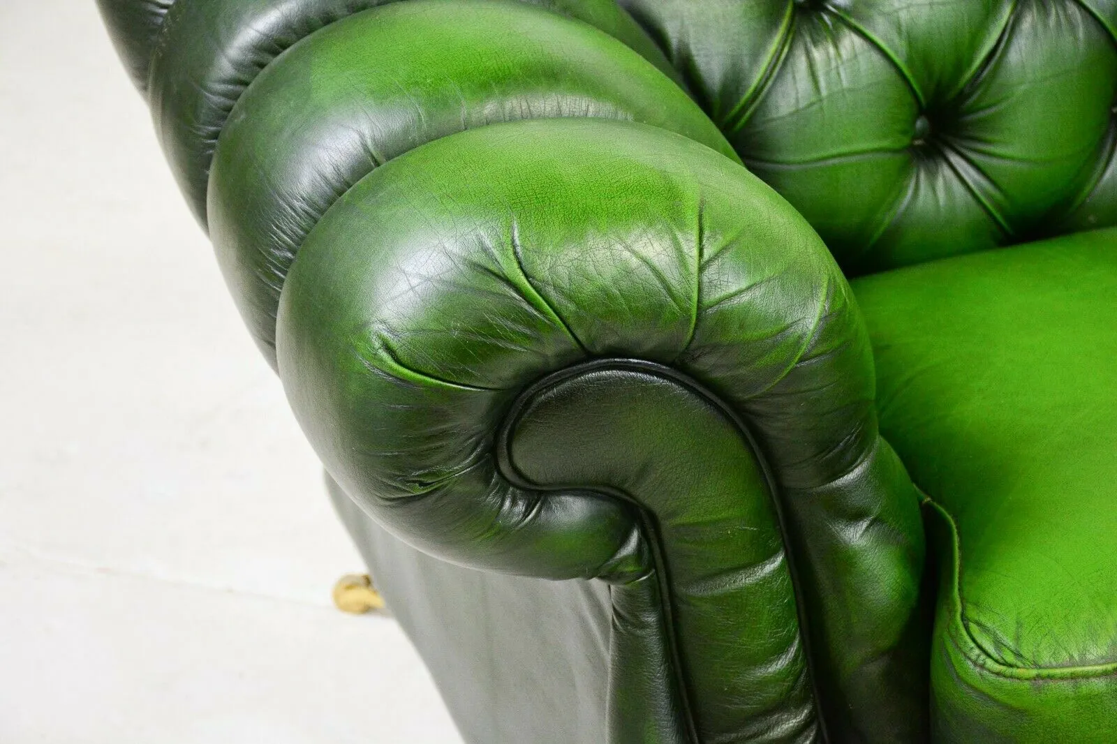 Chesterfield Sofa and Chairs Set, British Leather Green Curved Back, Vintage!