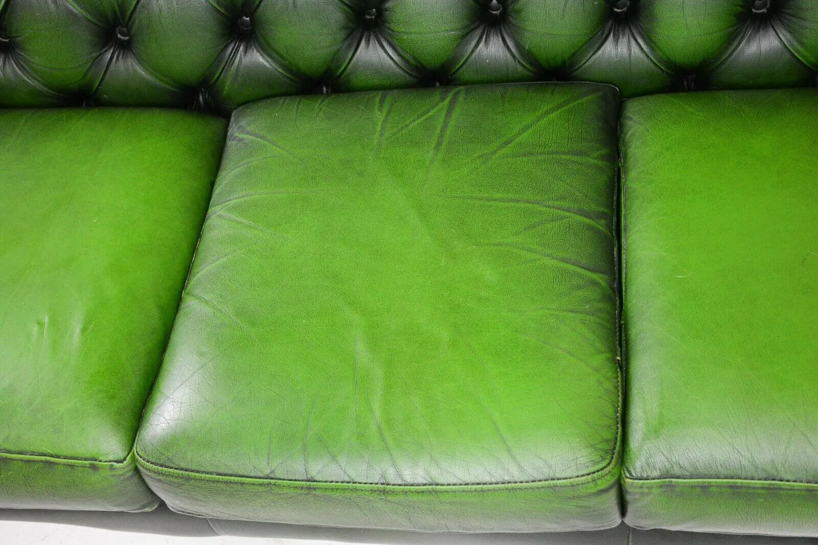 Chesterfield Sofa and Chairs Set, British Leather Green Curved Back, Vintage!