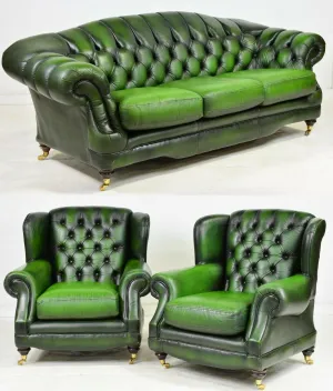 Chesterfield Sofa and Chairs Set, British Leather Green Curved Back, Vintage!