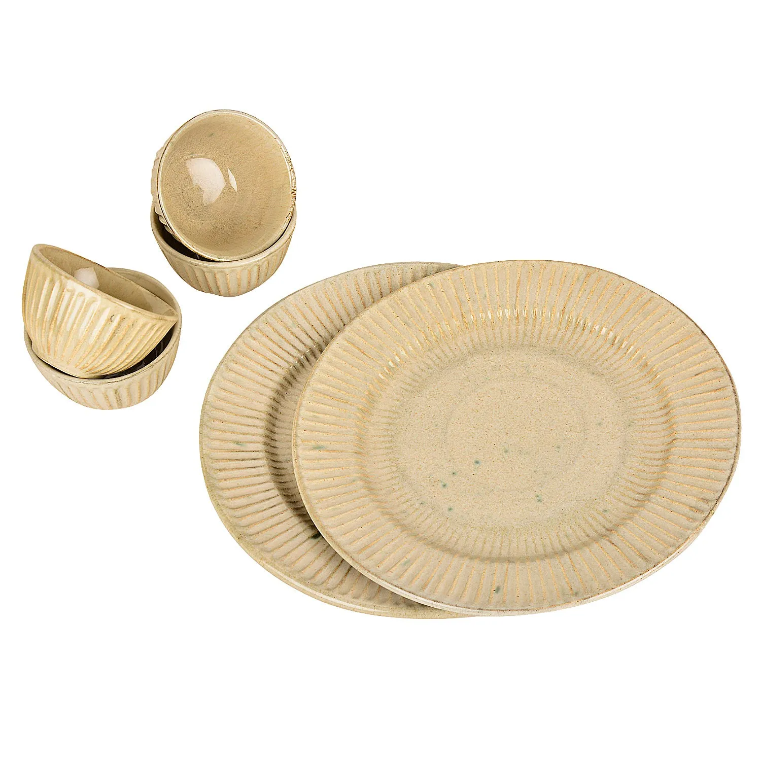 “Dazzling Riviera” Ribbed Ceramic Dinner Serving Plates with 4 Dinner Bowls (Set of 6, Ivory)