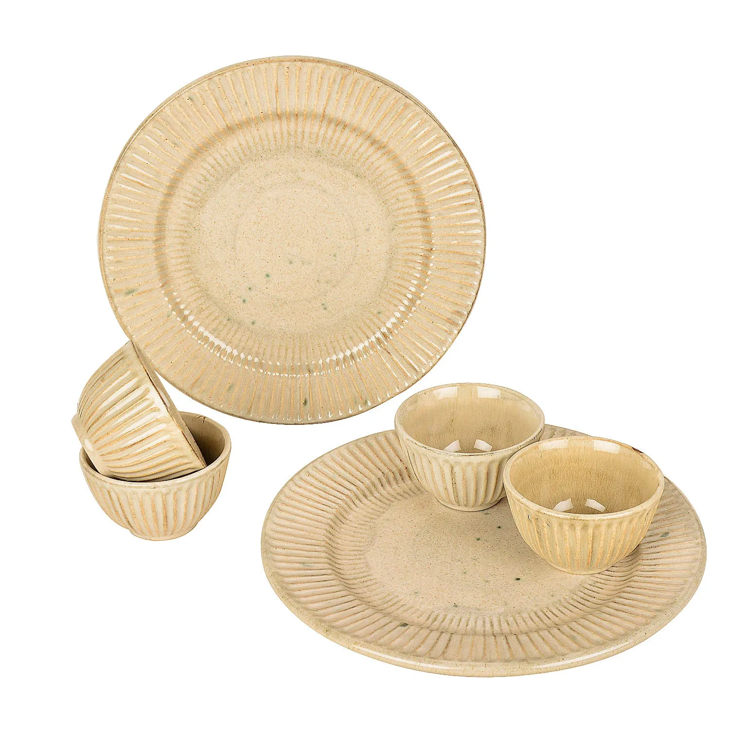 “Dazzling Riviera” Ribbed Ceramic Dinner Serving Plates with 4 Dinner Bowls (Set of 6, Ivory)