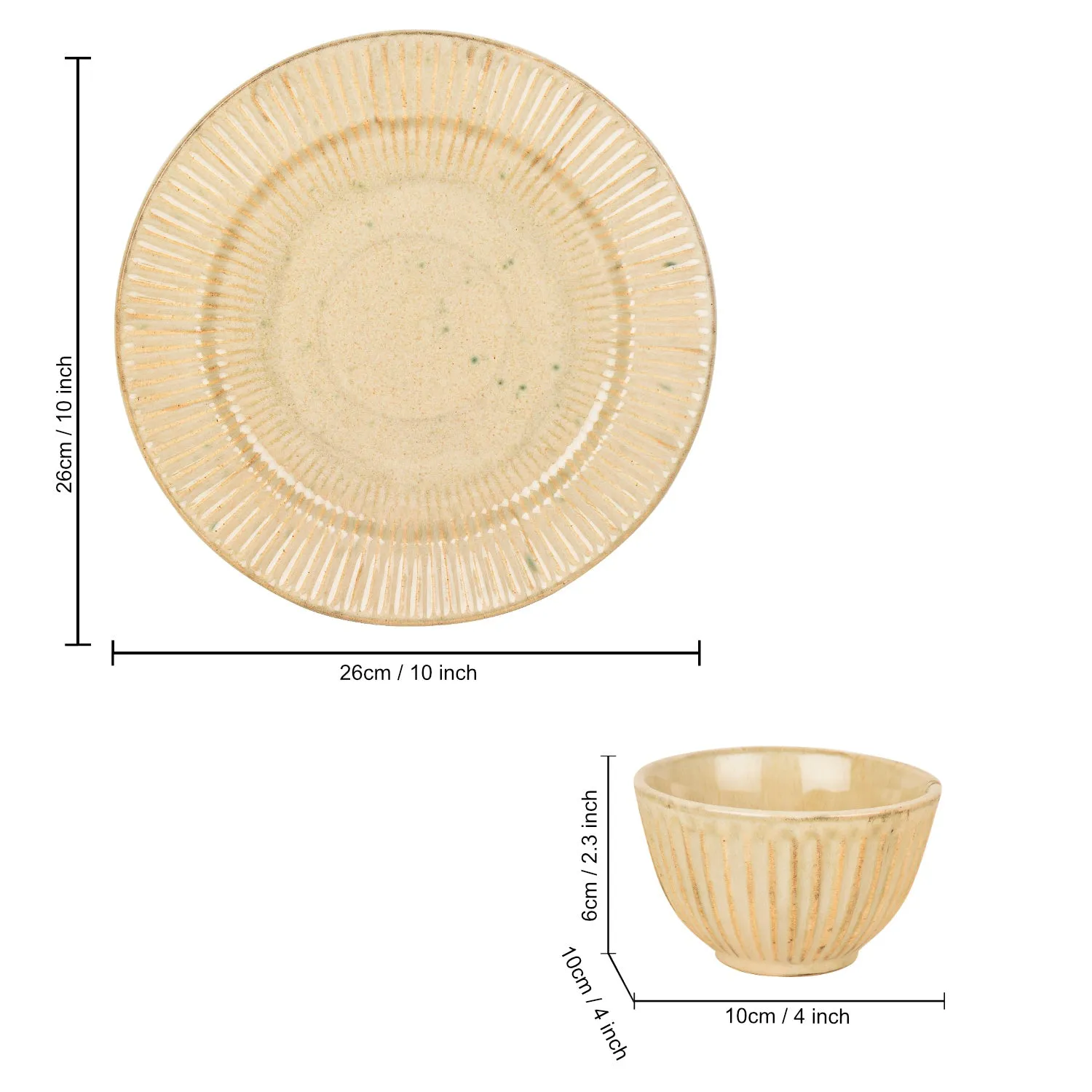 “Dazzling Riviera” Ribbed Ceramic Dinner Serving Plates with 4 Dinner Bowls (Set of 6, Ivory)