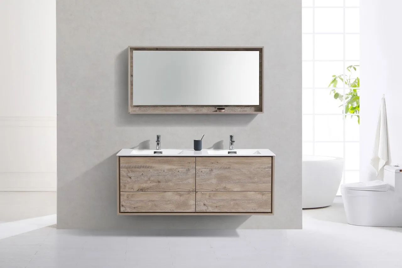 DeLusso 60" Double Sink Nature Wood Wall Mount Modern Bathroom Vanity