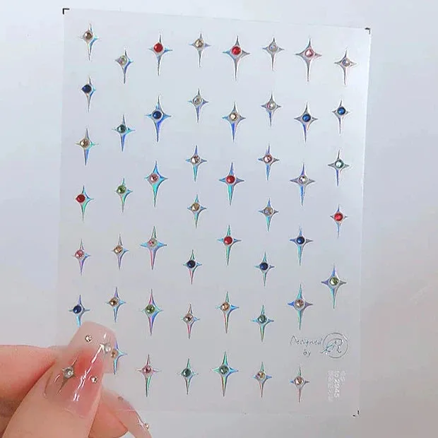 Diamond-Embossed Four-Pointed Star Nail Art Stickers - 3D Sparkling Ornaments