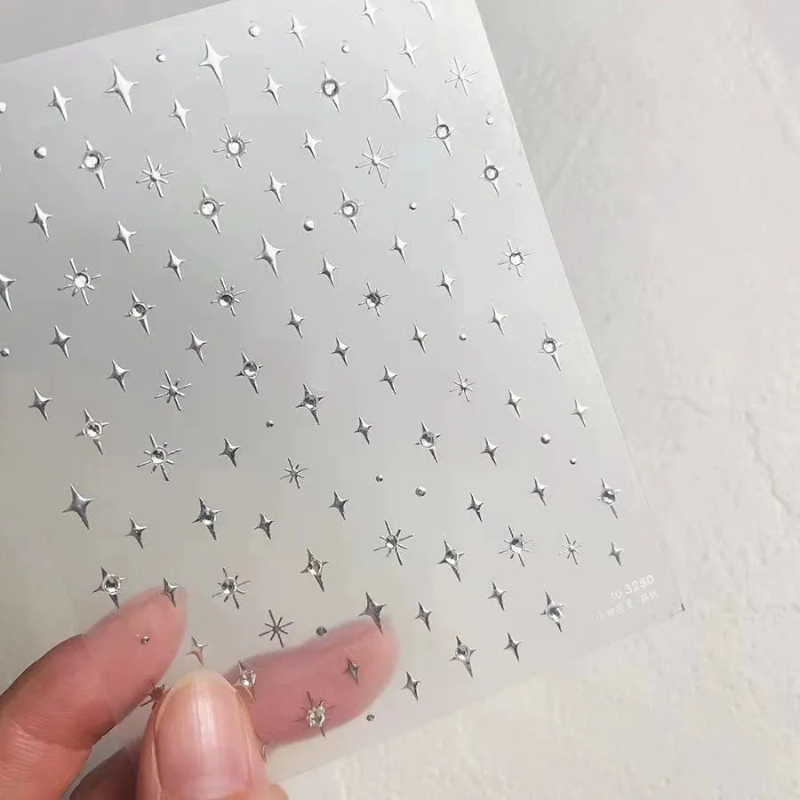 Diamond-Embossed Four-Pointed Star Nail Art Stickers - 3D Sparkling Ornaments