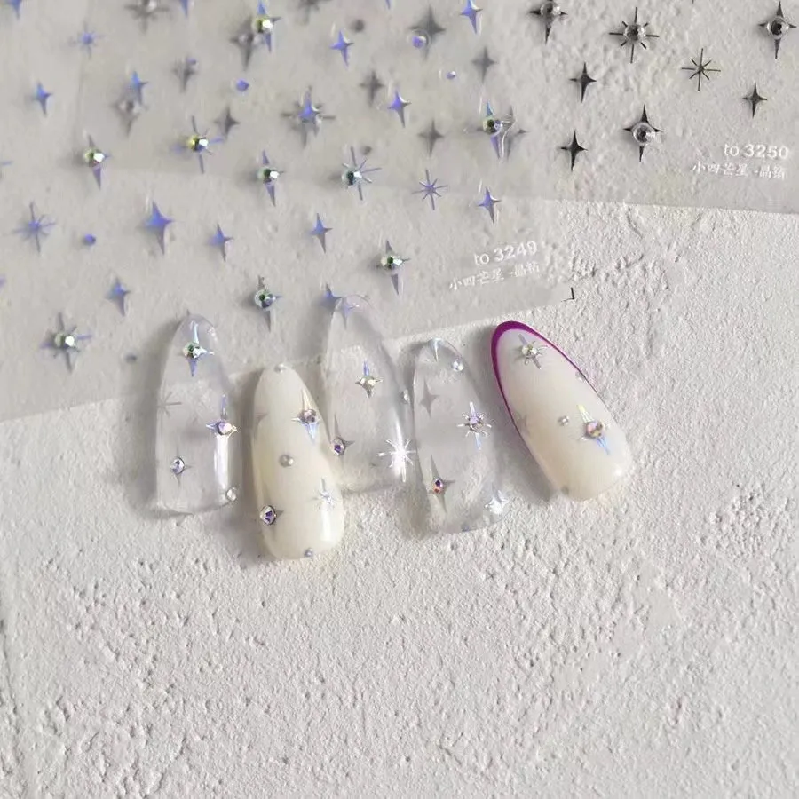 Diamond-Embossed Four-Pointed Star Nail Art Stickers - 3D Sparkling Ornaments