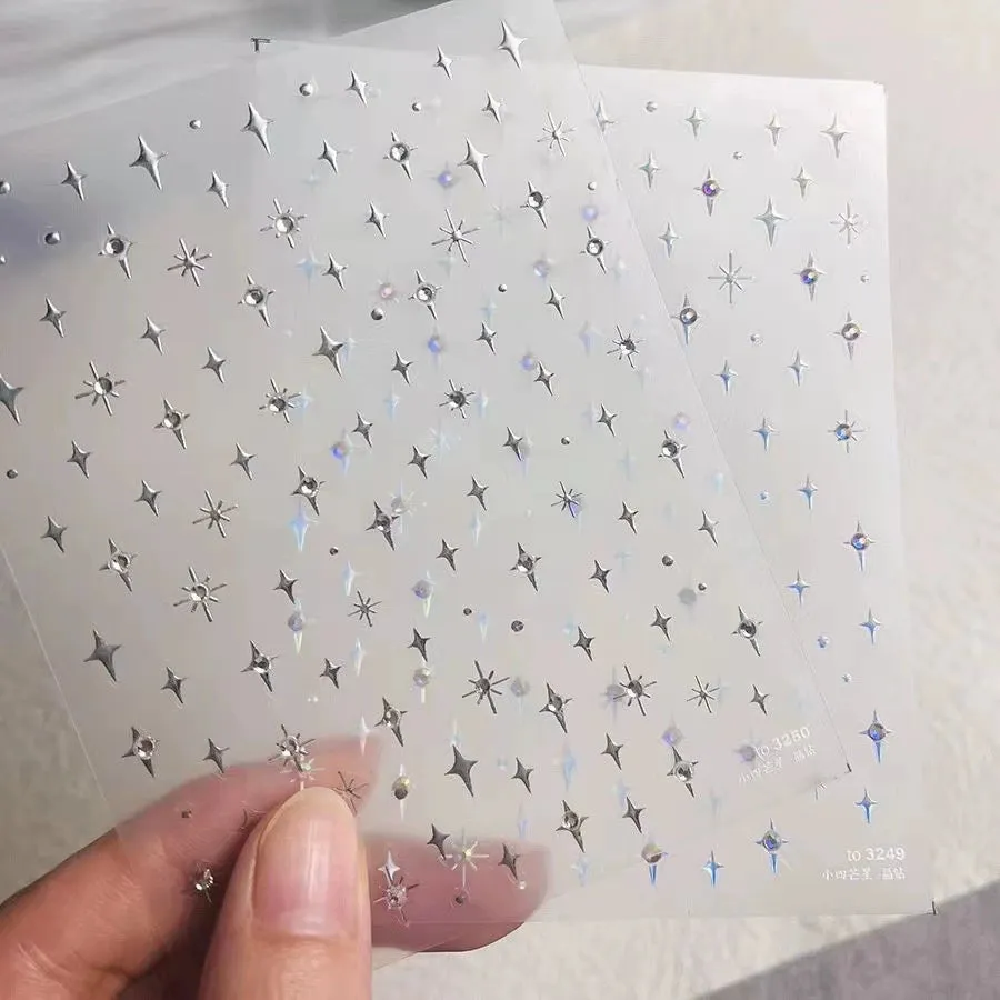 Diamond-Embossed Four-Pointed Star Nail Art Stickers - 3D Sparkling Ornaments