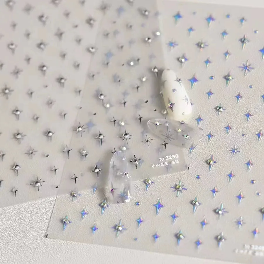 Diamond-Embossed Four-Pointed Star Nail Art Stickers - 3D Sparkling Ornaments