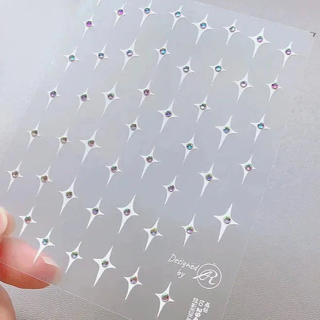 Diamond-Embossed Four-Pointed Star Nail Art Stickers - 3D Sparkling Ornaments
