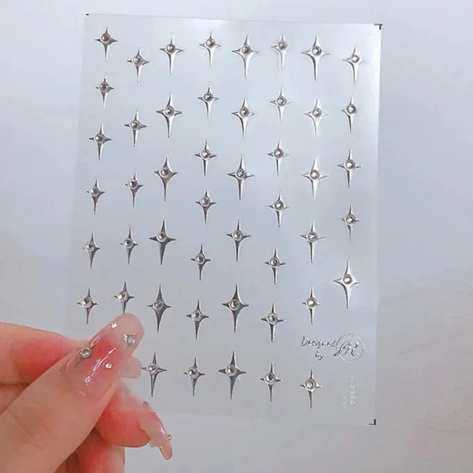 Diamond-Embossed Four-Pointed Star Nail Art Stickers - 3D Sparkling Ornaments