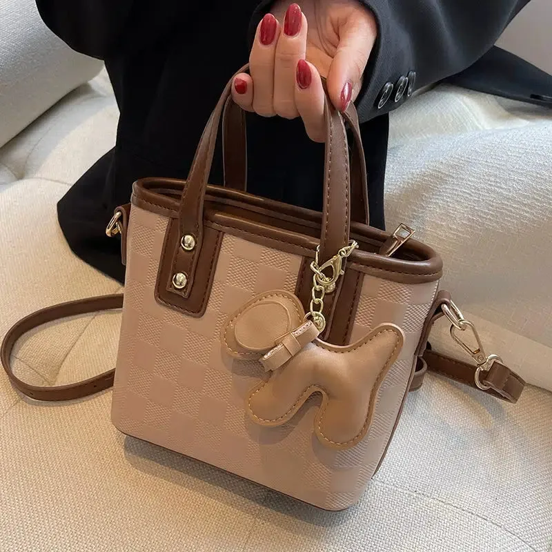 Dog Charm Checkered Bucket Bag