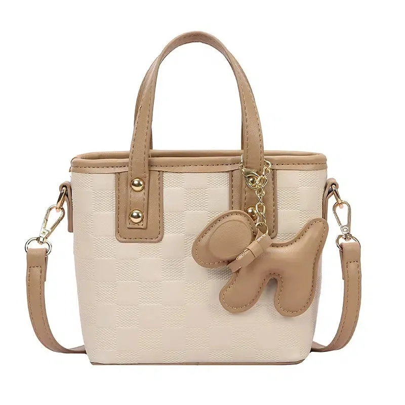 Dog Charm Checkered Bucket Bag
