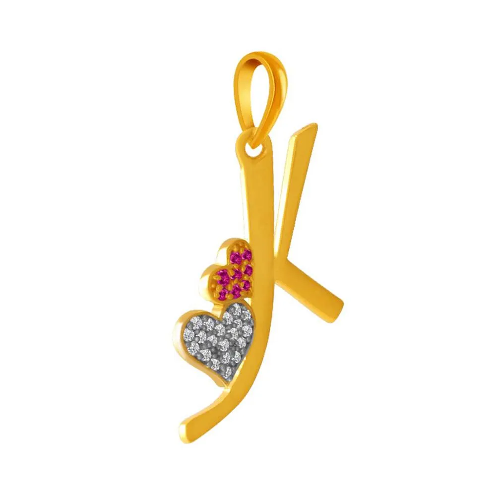 Double Embellished Hearts With Initials 14k Gold Pendant