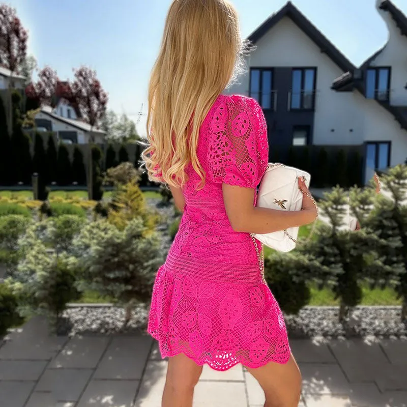 DUNNMALL  Cross-Border  European and American  New Lace Dress Ins Casual Fashion V-neck Zipper Dress Women