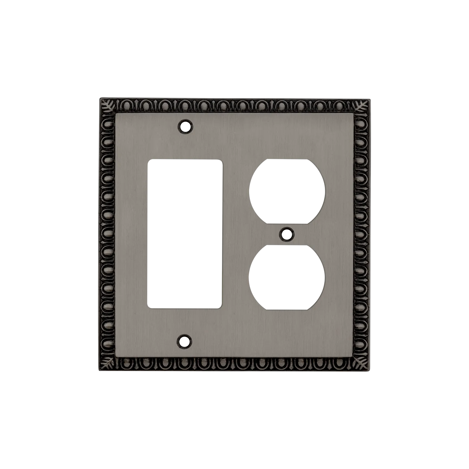 Egg & Dart Switch Plate with Rocker and Outlet in Antique Pewter