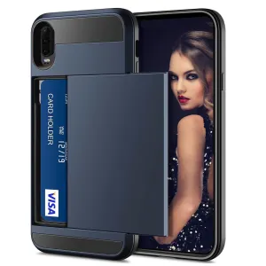 For Huawei P30 Shockproof Card Slot Wallet Heavy Duty Case Tough 360 Case Cover (Blue)
