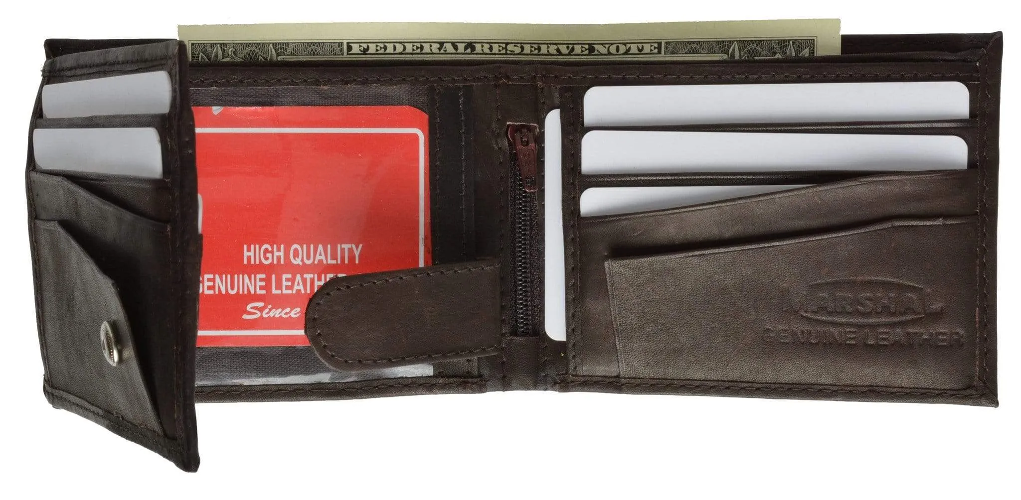 Genuine Leather Mens Bifold Wallet Button Snap Flap Out 1533 CF