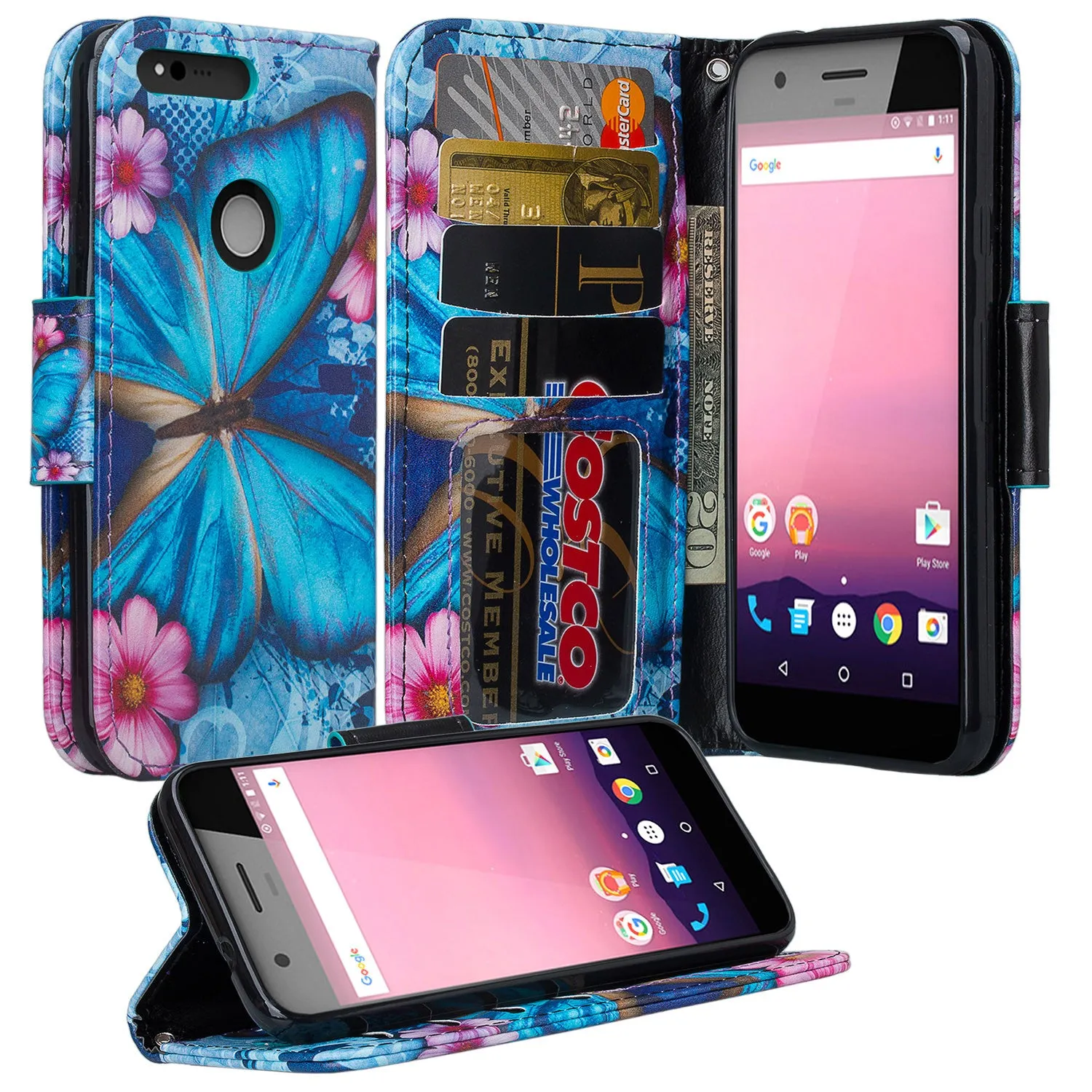 Google Pixel Case, Coverlab Pu Leather Magnetic Fold[Kickstand] Wallet Case with ID & Card Slots for Google Pixel - Blue Butterfly
