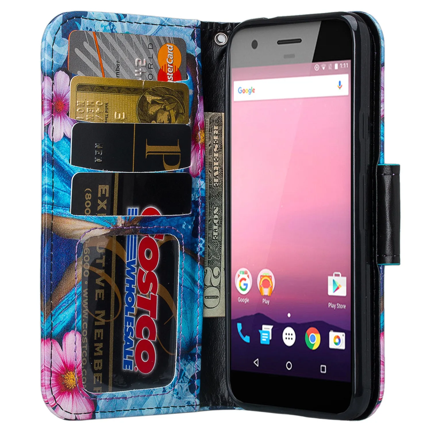 Google Pixel Case, Coverlab Pu Leather Magnetic Fold[Kickstand] Wallet Case with ID & Card Slots for Google Pixel - Blue Butterfly