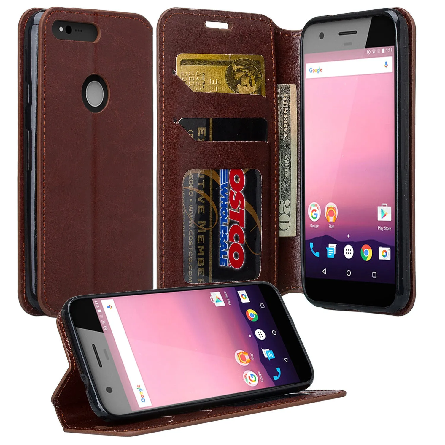 Google Pixel Case, Pu Leather Magnetic Fold[Kickstand] Wallet Case with ID & Card Slots for Google Pixel - Brown