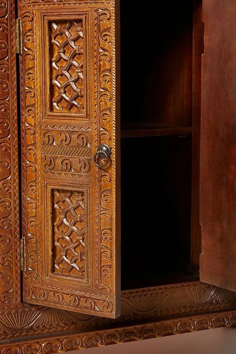 Hand Carved Wooden Sideboard Brown Color | Checkered Wood Carving Buffet