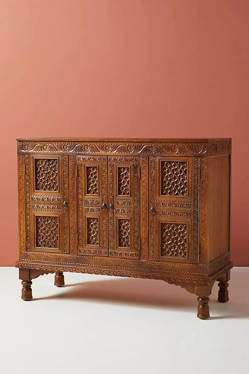 Hand Carved Wooden Sideboard Brown Color | Checkered Wood Carving Buffet