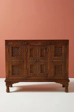 Hand Carved Wooden Sideboard Brown Color | Checkered Wood Carving Buffet
