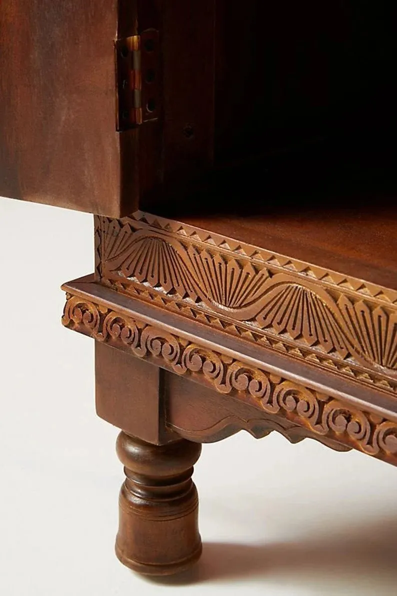 Hand Carved Wooden Sideboard Brown Color | Checkered Wood Carving Buffet