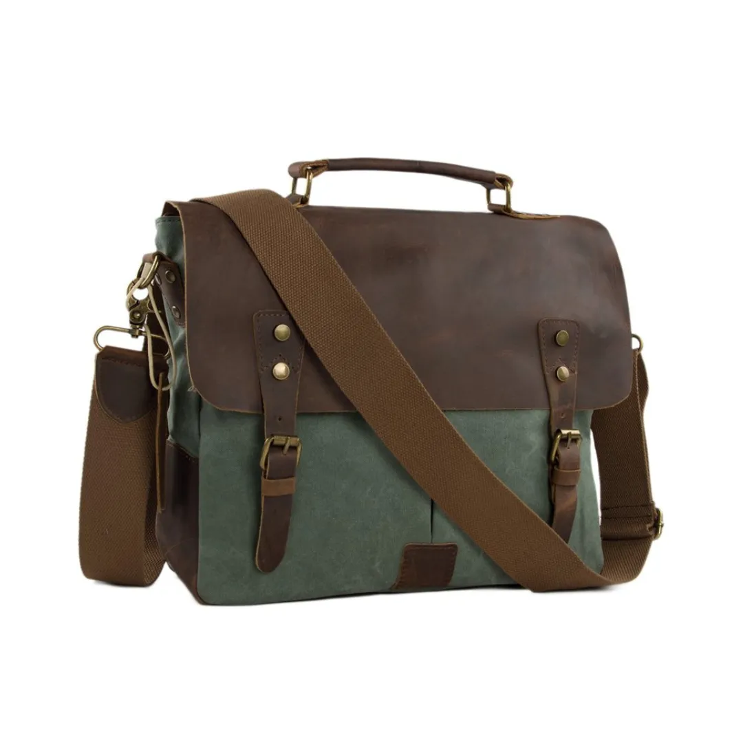Handmade Waxed Canvas & Leather Satchel Messenger Bag - Olive Green/Coffee