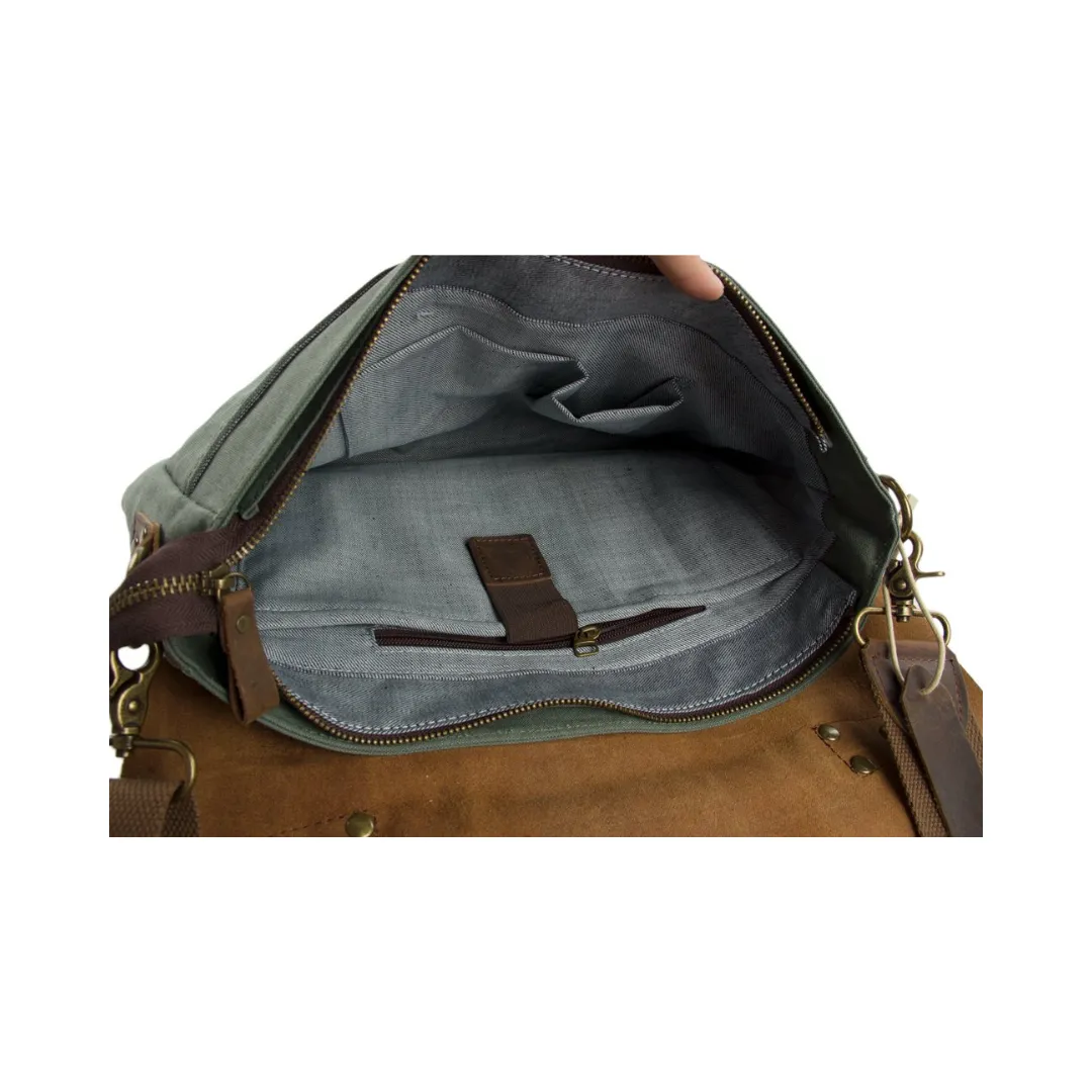 Handmade Waxed Canvas & Leather Satchel Messenger Bag - Olive Green/Coffee