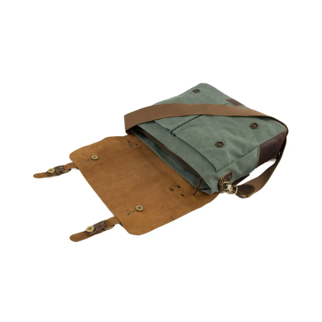 Handmade Waxed Canvas & Leather Satchel Messenger Bag - Olive Green/Coffee