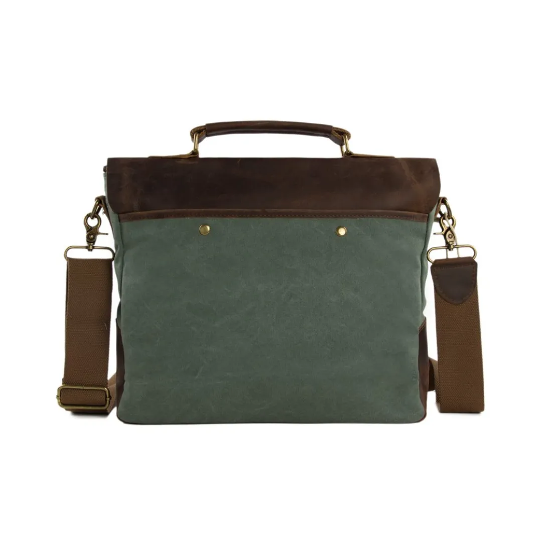 Handmade Waxed Canvas & Leather Satchel Messenger Bag - Olive Green/Coffee