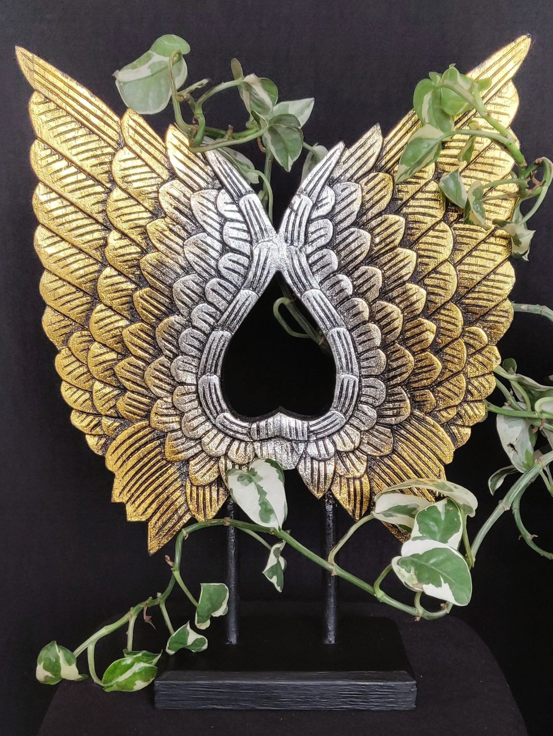 Home Decor Ornament.
Wings Sculpture Statue, Hand Carved and Painted Wooden Decor. "Winged Heart".