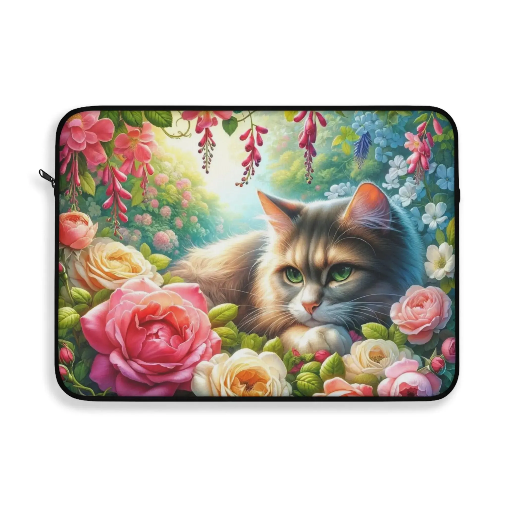 June Birth Flower - Roses and Honeysuckle - Cat Lover - Laptop Sleeve